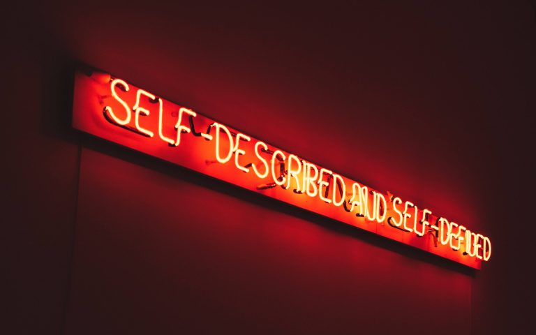 neon sign reading self described and self defined
