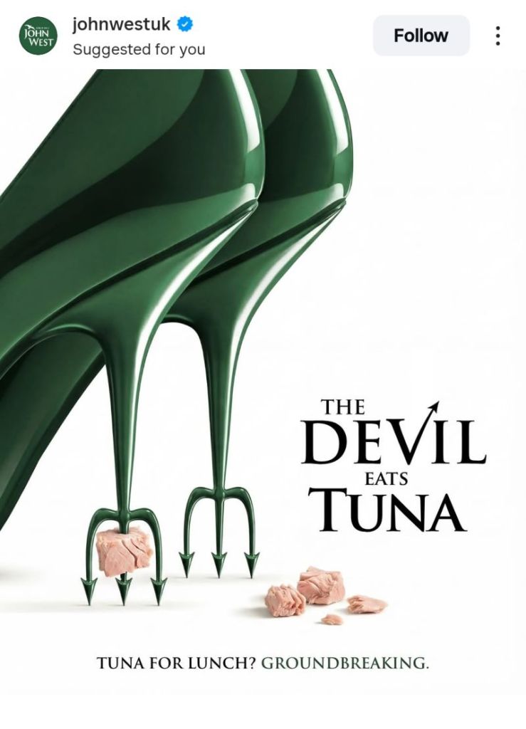2 green stiletto shoes speared with tuna flakes