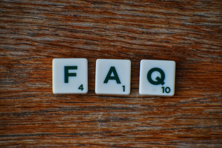 FAQ in Scrabble tiles
