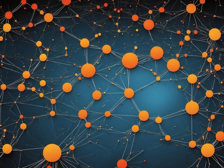 Different sized orange blobs connected to each other by silver wires