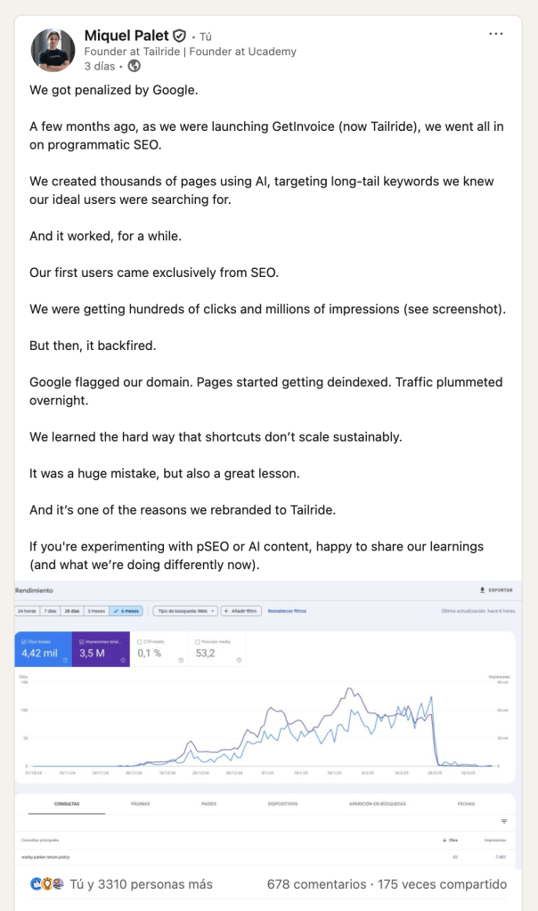 A LinkedIn post from Tailride detailing their experience with content scaling