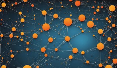 Different sized orange blobs connected to each other by silver wires